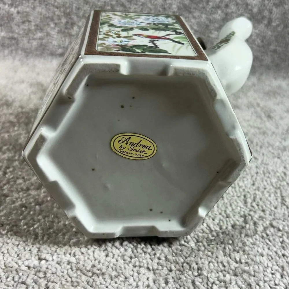 Andrea by Sadek Teapot White Floral Bird Hexagonal Brass Handle Japan Vintage